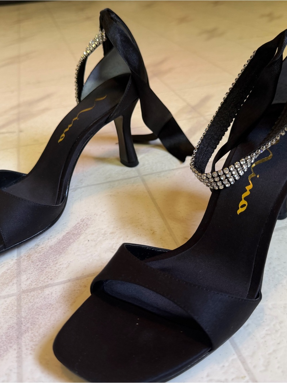 Nina Black Satin Crystal-Strap Open-Toe Heels